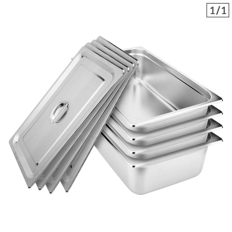 4X Full Size 1/1 Gastronorm Pans Stainless Steel 15cm Deep With Lids