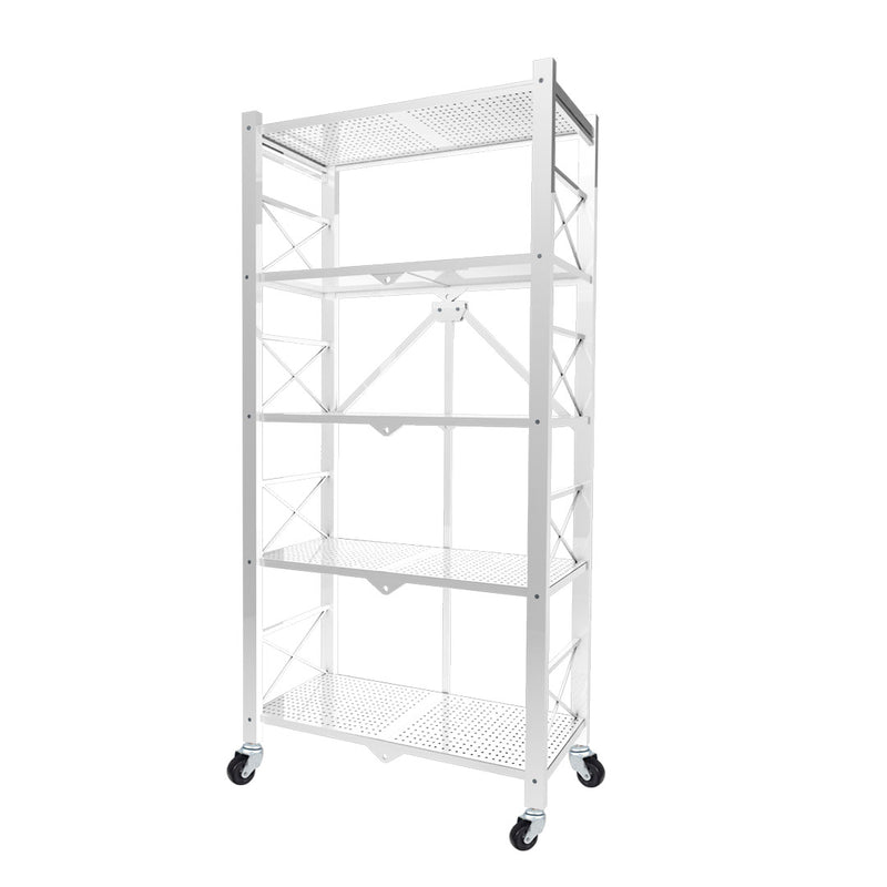 5 Tier Carbon Steel Shelving Rack White Foldable Mobile Storage Cart 71x36x160cm