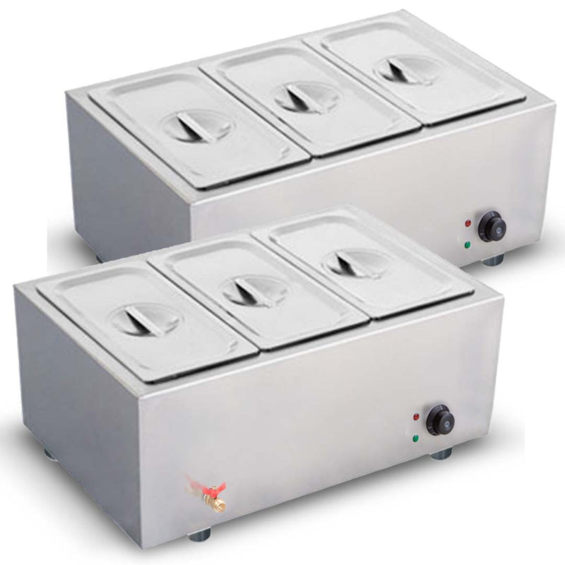 2X Stainless Steel 3 X 1/2 GN Pan Electric Bain Marie Food Warmer With Lid