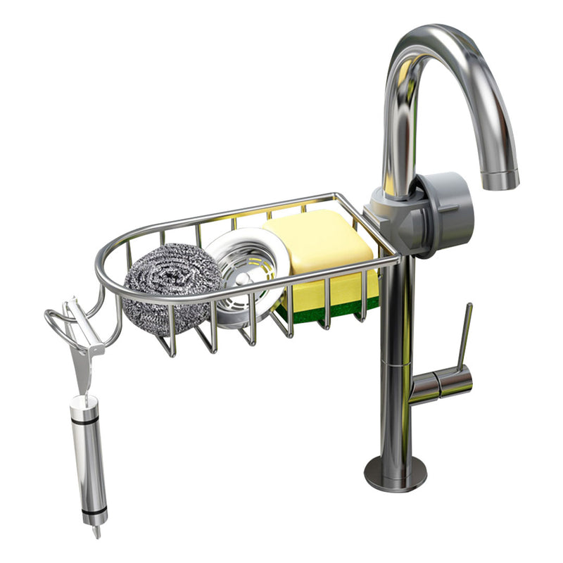Silver Aluminum Kitchen Sink Organiser Soap Sponge Caddy Rack Storage Drainer