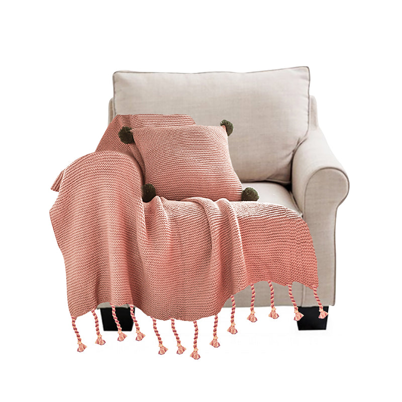 Pink Acrylic Knitted Throw Blanket 130x170cm Tassel Fringe Waffle Weave Cozy