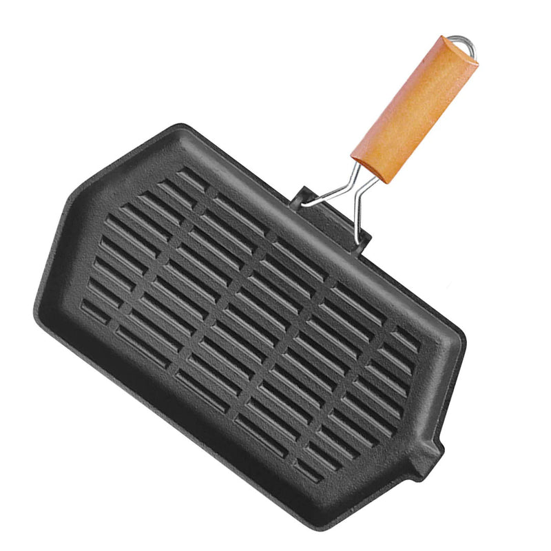 Rectangular Cast Iron Grill Pan 21x35cm Ridged Folding Wood Handle Black