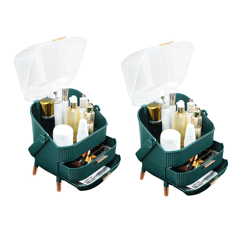 2X Countertop Makeup Organizer Abs Plastic 29cm Green With Lid Drawers Handle