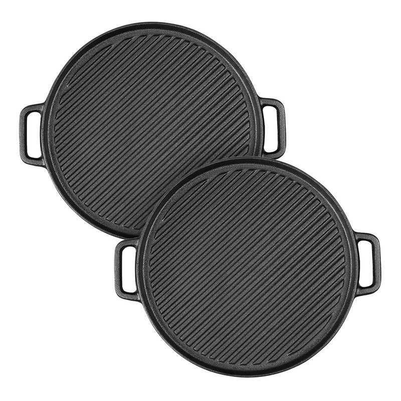 2X 30cm Round Cast Iron Ribbed BBQ Pan Skillet Sizzle Platter With Handle