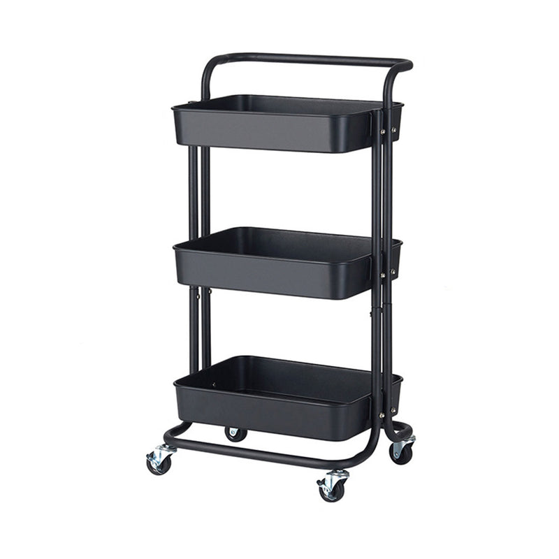 3 Tier Steel Kitchen Cart PVC Trays Black Locking Castor Wheels 10kgs Per Shelf