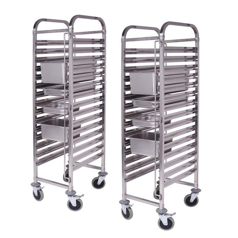 2X 16 Tier Gastronorm Trolley Stainless Steel GN 1/1 Pan Rack Lockable Castors