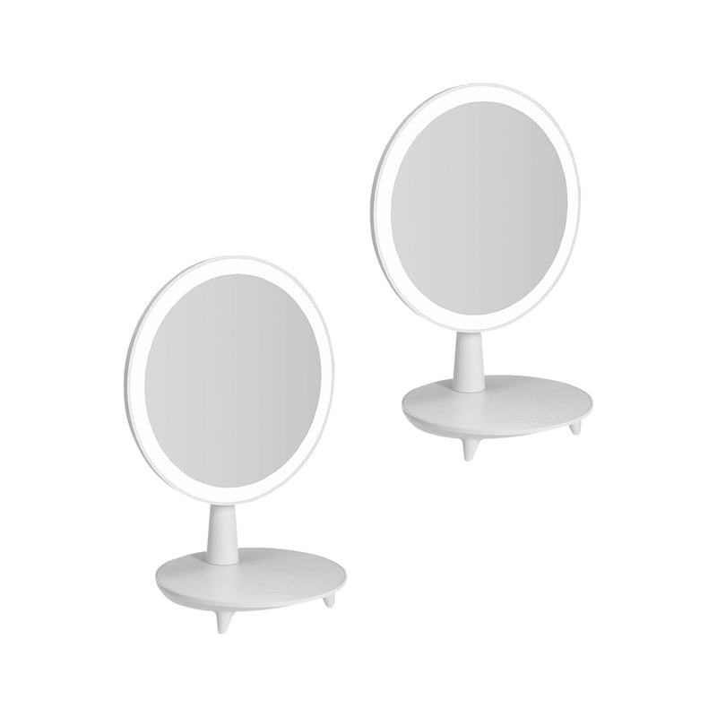 2X Round White LED Light Makeup Mirror Rechargeable Tabletop With Storage
