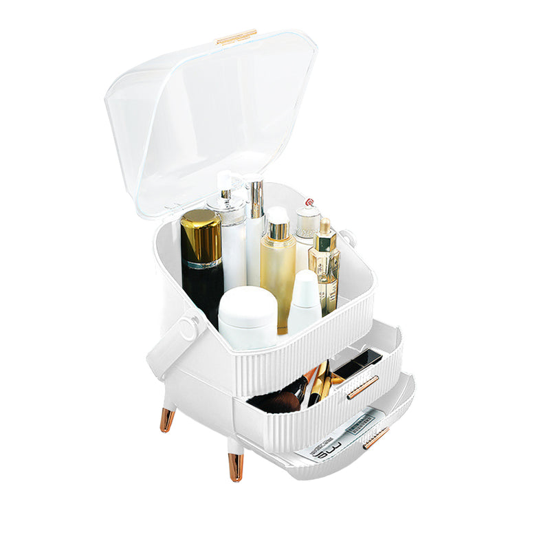 29cm White Plastic Countertop Makeup Storage Organizer Dustproof Lid Drawers