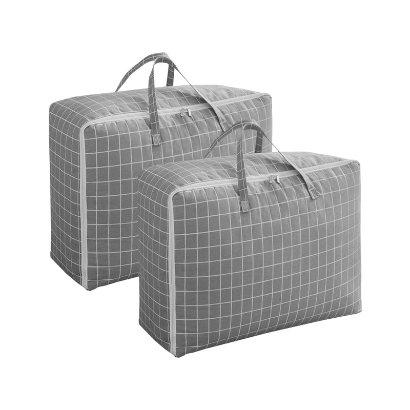 2X Grey Plaid Super Large Storage Bag Polyester 60cmx30cmx47cm Double Zipper