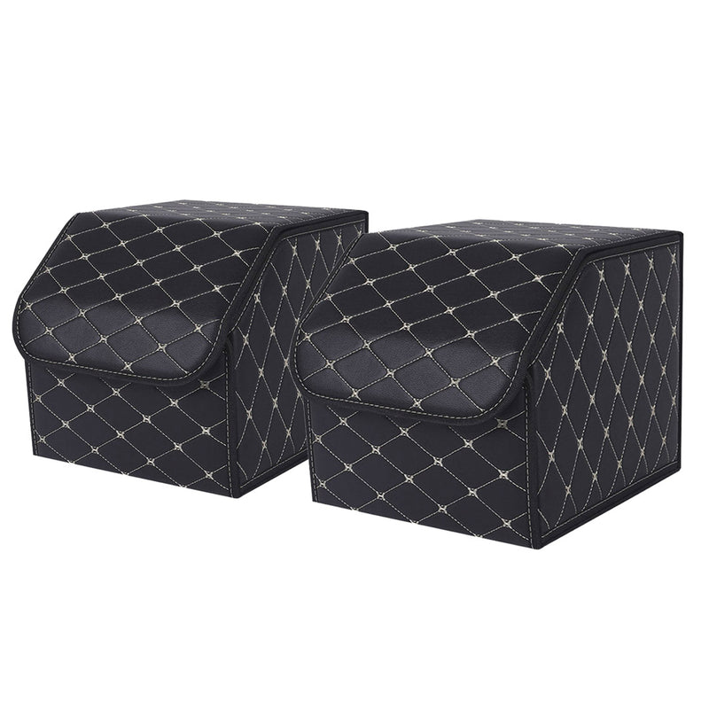 2X Small Leather Car Boot Collapsible Trunk Organizer Black Gold Stitch 30cm