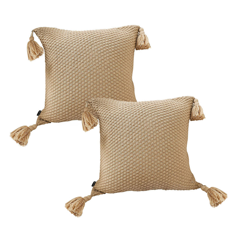 2X Light Brown Velvet Plush Sofa Cushion 50CM Square 15CM Thick Tassel Accents