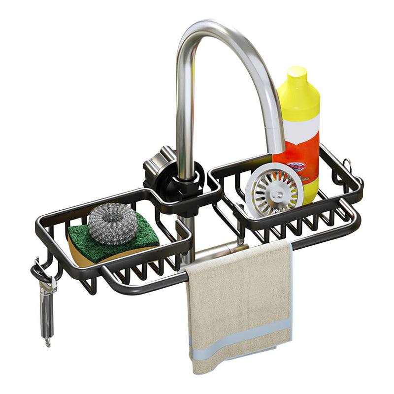 Black Aluminum Faucet Sink Caddy Rack 37.5x16x6.8cm Sponge Soap Holder