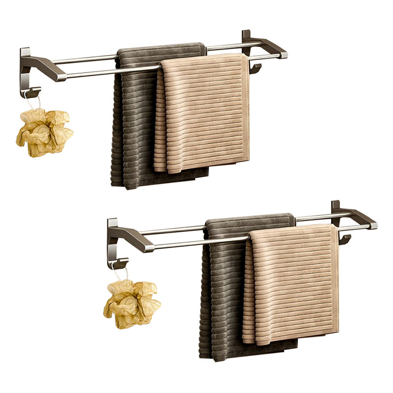 2X 62cm Aluminum Rust Proof Double Pole Wall Mounted Towel Rack Gray Hooks