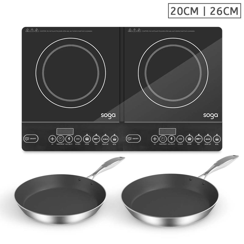 Dual Induction Cooktop 2 Burners 1800W Stainless Steel Fry Pans 20cm 26cm