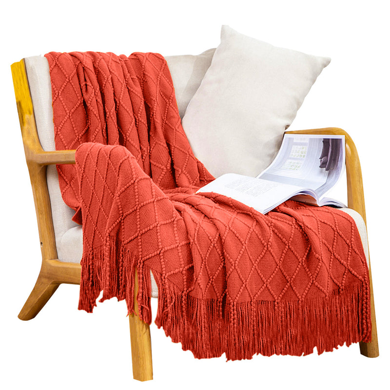 Red Diamond Pattern Knitted Throw Blanket 100% Acrylic 130x230cm with Tassels