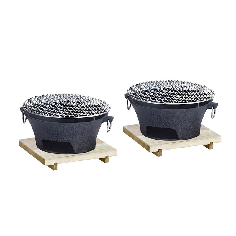 2X Cast Iron Round Charcoal Grill 27cm Stainless Steel Net Wooden Board Black