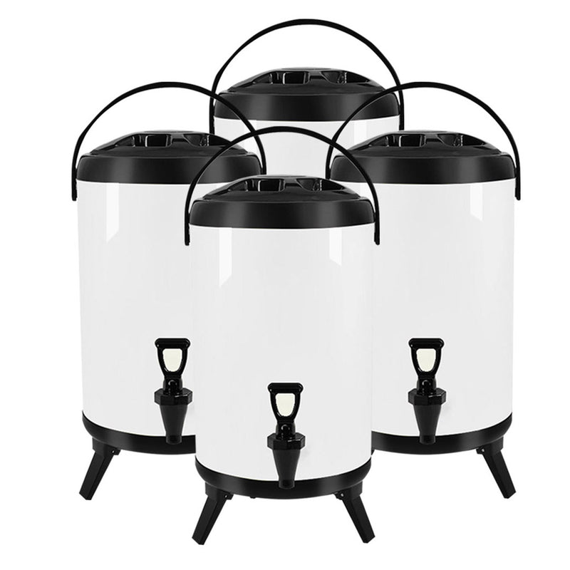 4X 12L Stainless Steel Insulated Milk Tea Dispenser Hot Cold With Faucet White