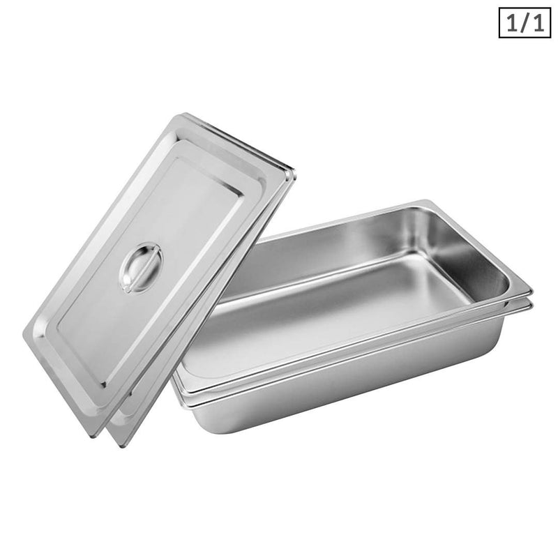 2X Full Size Gastronorm Pan 10cm Deep Stainless Steel Tray With Lid
