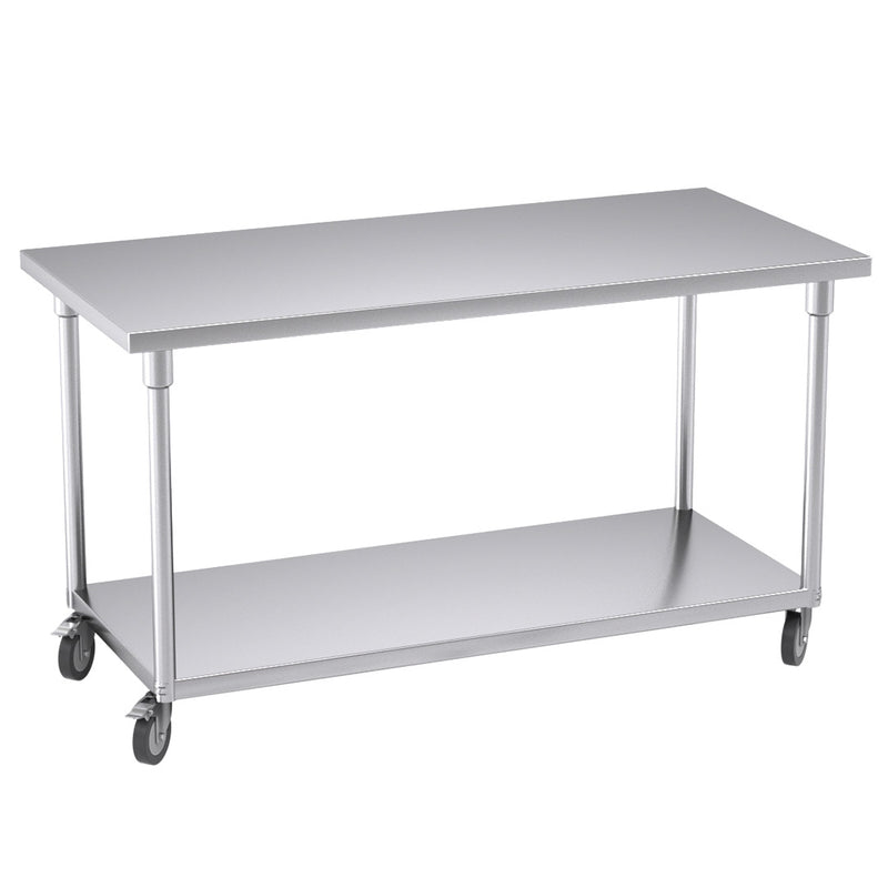 150cm Stainless Steel Kitchen Work Bench with Locking Wheels and Storage Shelf