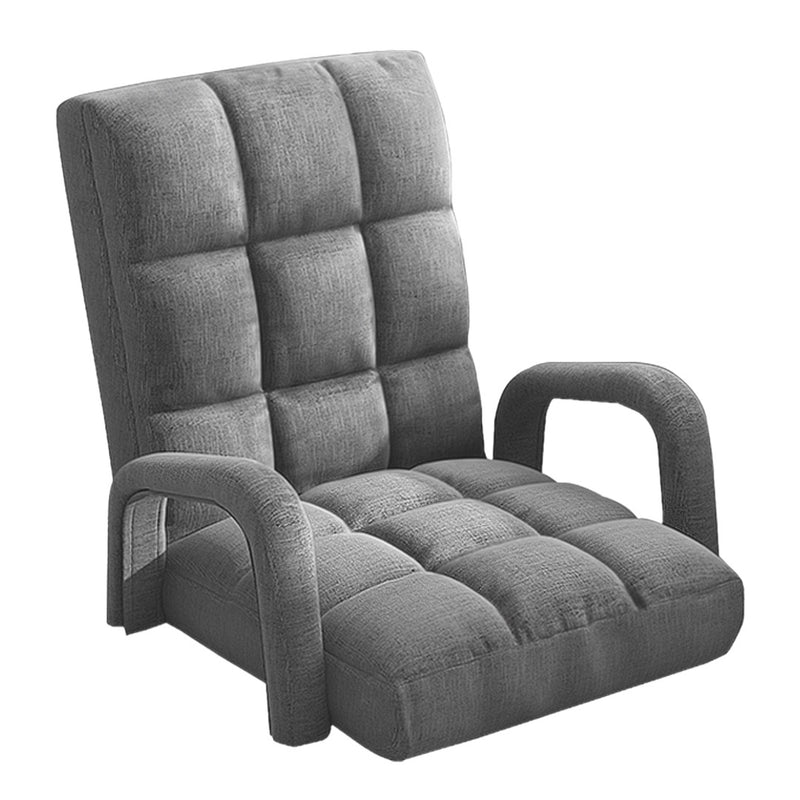 Foldable Floor Recliner Chair Adjustable Armrest Ergonomic Grey Linen Fabric
