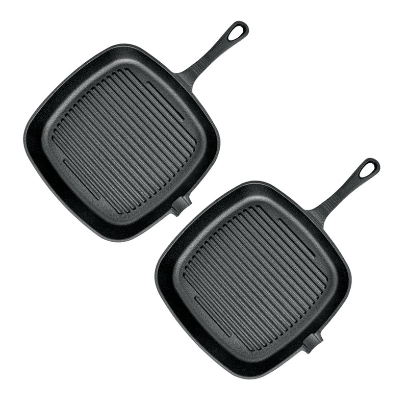 2X Cast Iron Square Skillet 23.5cm Ribbed Frying Pan Sizzle Platter Handle