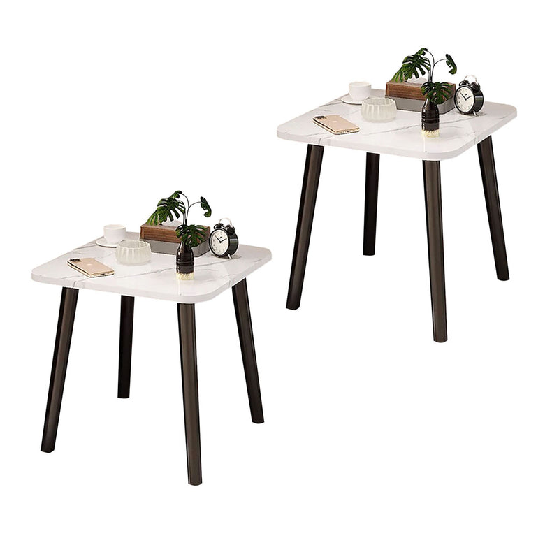 2X Compact White Ceramic Side Table 40cm Stone Pattern Black Metal Legs