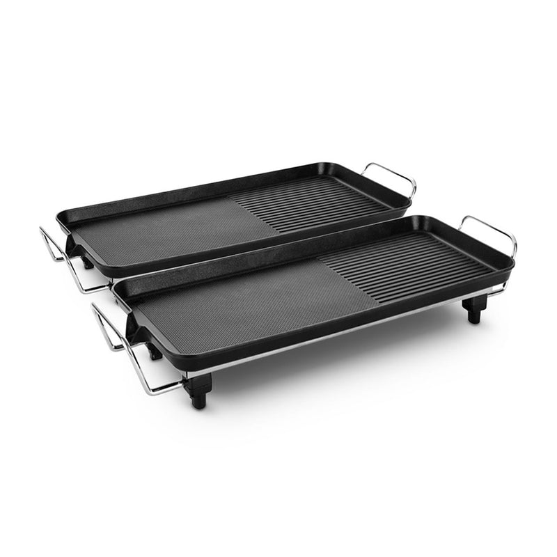 2X 48cm Electric Teppanyaki Grill Non Stick Dual Surface 1800W Black