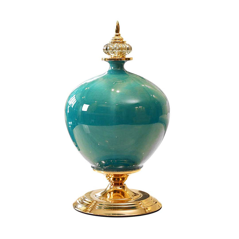 Ceramic Oval Flower Vase Gold Metal Base 18cm x 38.5cm Green Decor Gift