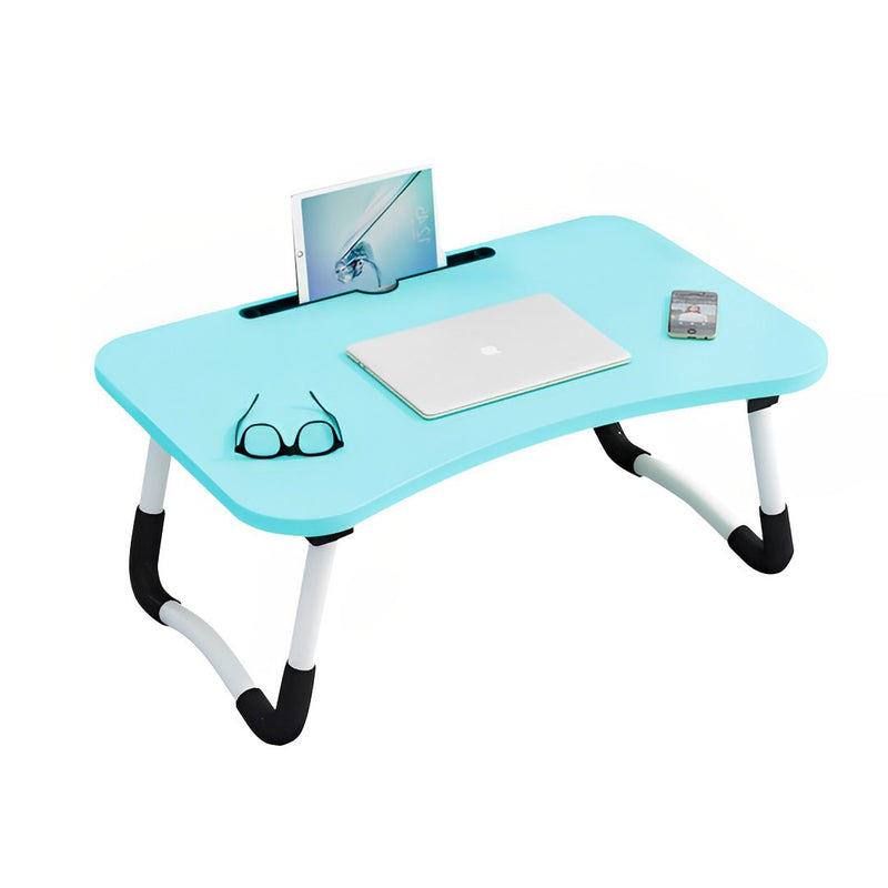 Adjustable Foldable Bed Laptop Table MDF Aluminum 60x40x28cm Blue Notebook Slot