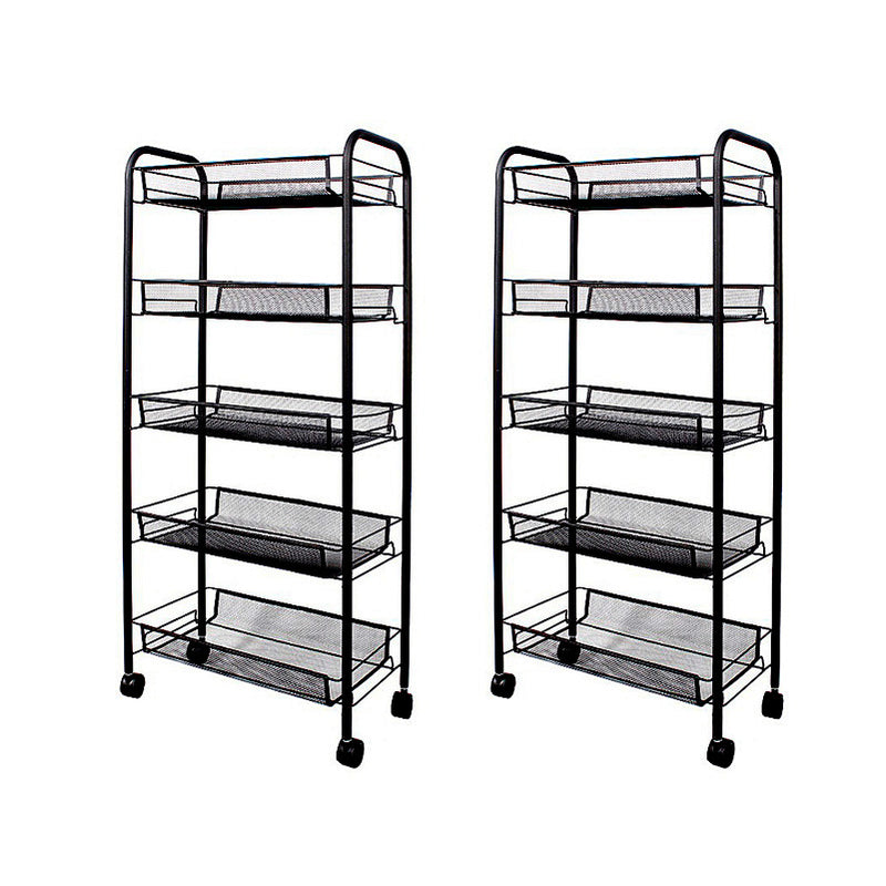 2X 5 Tier Steel Mesh Kitchen Cart With Wheels Black 44x27x105cm 10kg Per Shelf
