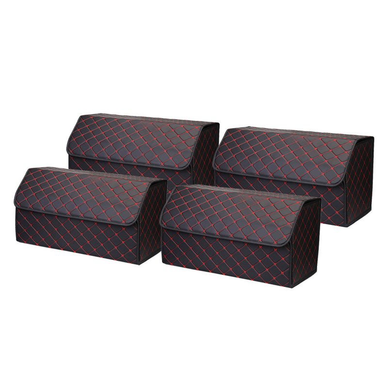 4X Leather Car Boot Organizer Collapsible Divider 55x30x30cm Black Red Stitch
