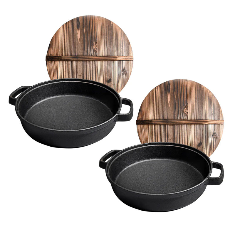 2X 29cm Round Cast Iron Deep Skillet Pre Seasoned Wooden Lid Black