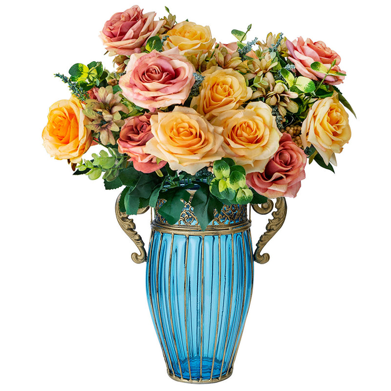 Blue Glass And Gold Metal Vase With Silk Rose Bouquet 4 Bunch 11 Heads Set