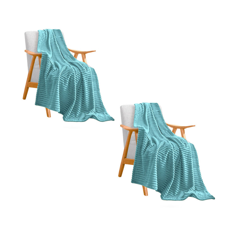 2X Thin Flannel Polyester Throw Blanket Striped Sky Blue 200x230cm Lightweight