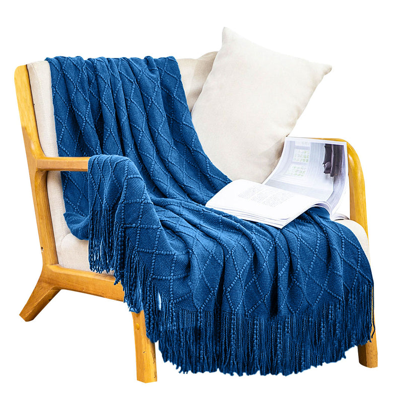 Royal Blue Acrylic Knitted Throw Blanket 130cmx230cm Diamond Jacquard Tassels