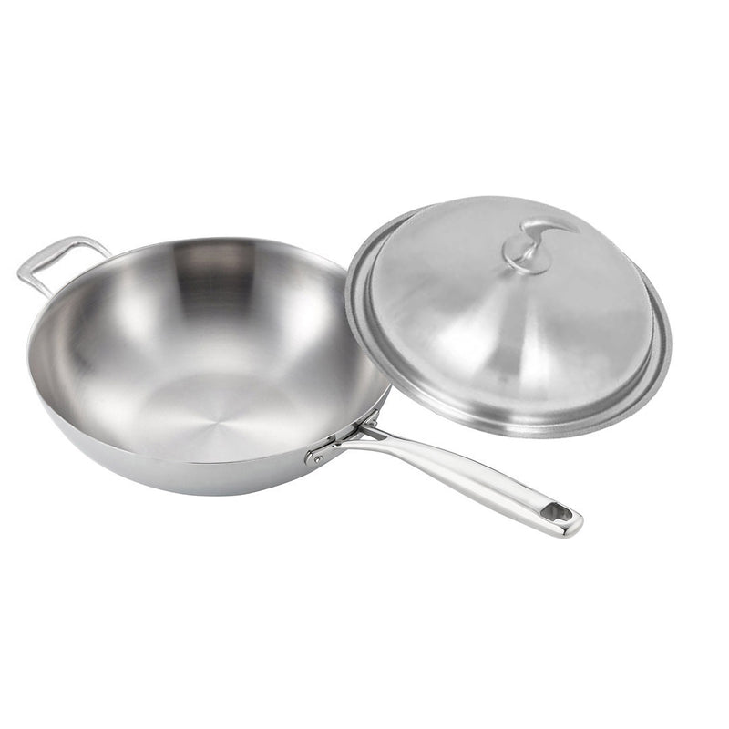 Stainless Steel Fry Pan 34cm Non-Stick Skillet With Lid Induction Safe