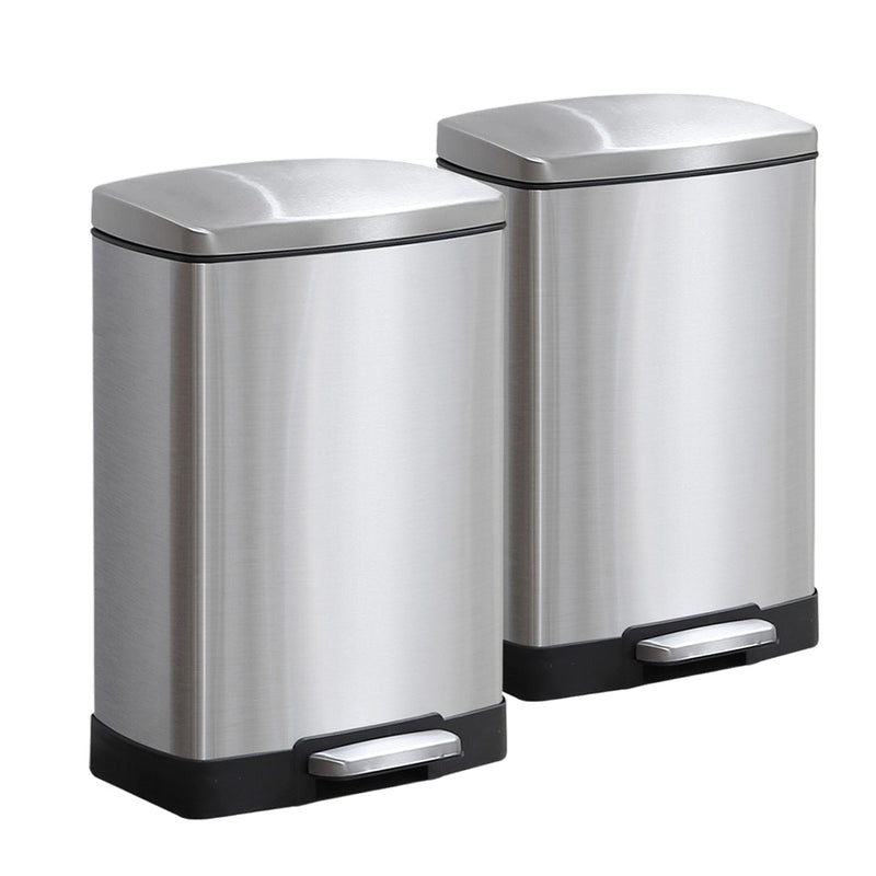 2X 12L Stainless Steel Rectangular Trash Bin Foot Pedal Soft Close Lid Silver