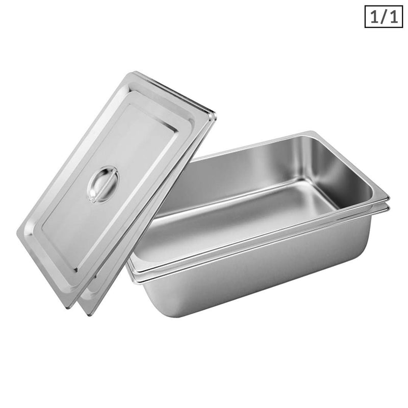 2X Full Size GN Pan 15cm Deep Stainless Steel Tray With Lid Anti-Jam Design