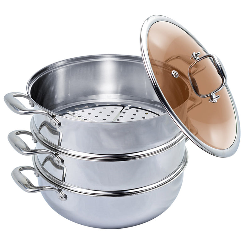 3 Tier 26cm Heavy Duty Stainless Steel Vegetable Steamer Stackable Glass Lid