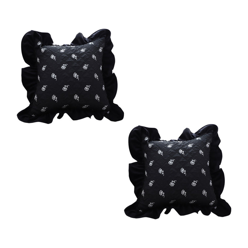 2X 45cm Black Ruffled Square Decorative Pillow Polyester for Sofa Bed Chair