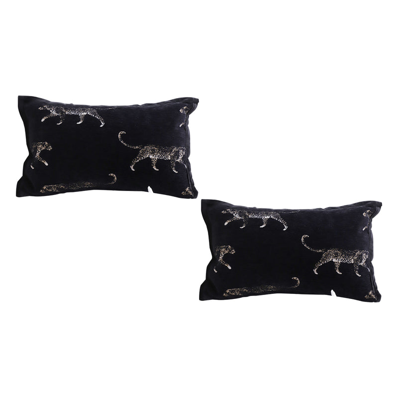 2X Black Polyester Cotton Throw Pillows 35x55x18cm Embroidered Panther Motif
