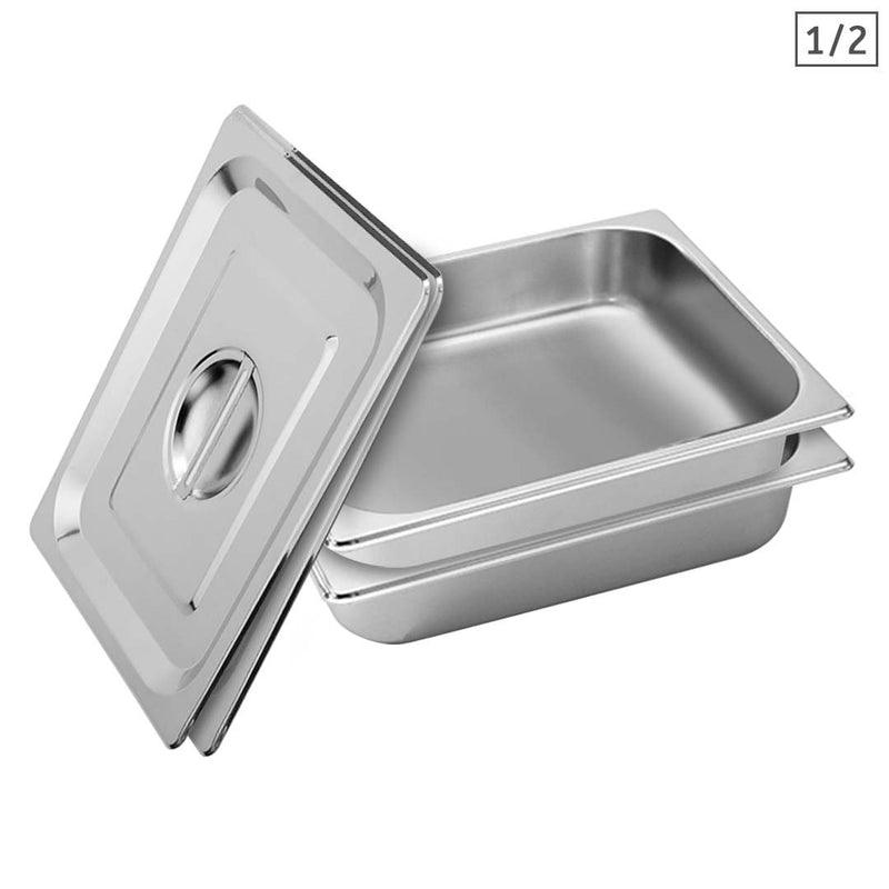 2X Full Size Gastronorm Pan 6.5cm Deep Stainless Steel Tray With Lid