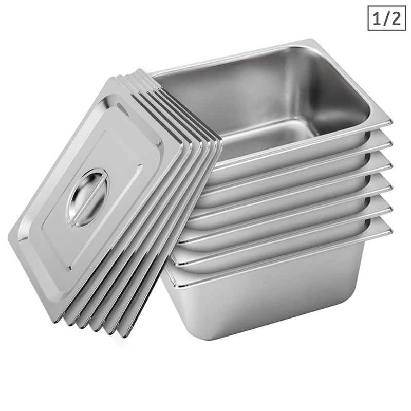 6X Gastronorm GN Pan Full Size 1/2 15cm Deep Stainless Steel With Lid