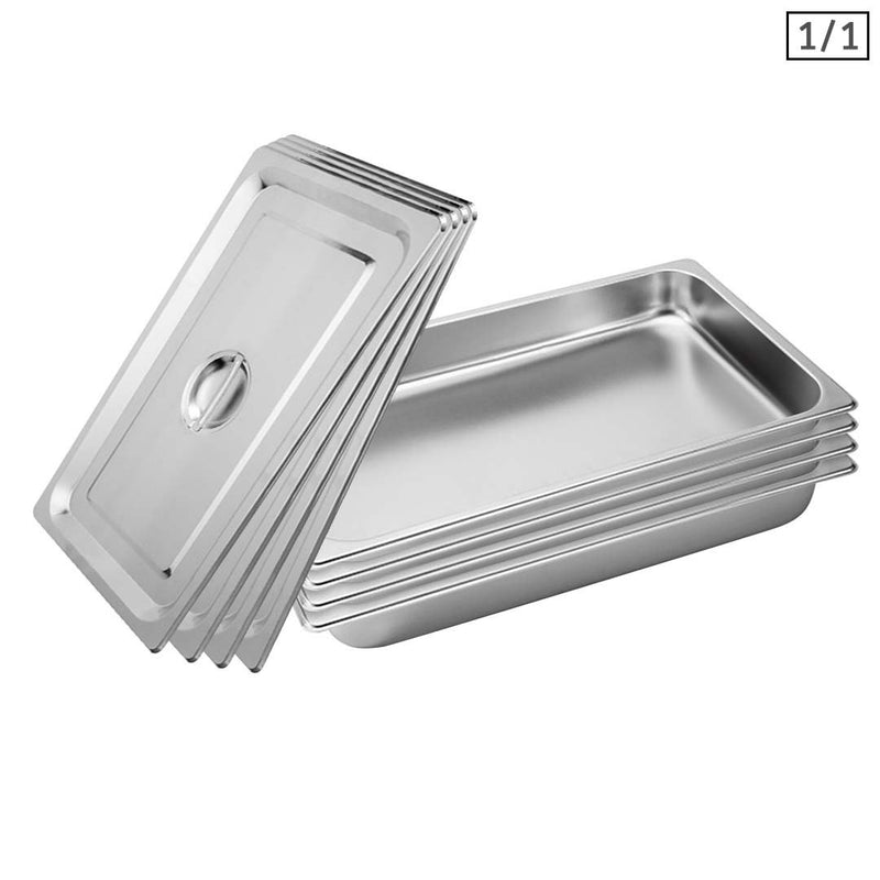 4X Full Size 1/1 Gastronorm GN Pan Stainless Steel 53x32.5x6.5cm With Lids