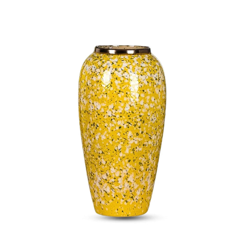 Large Ceramic Flower Vase Yellow with White Floral Design Elegant Home Decor