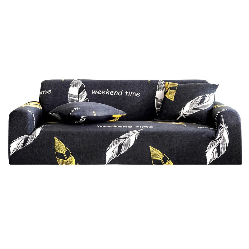 4-Seater Feather Print Polyester Sofa Cover Stretch Protector Black 235-300cm