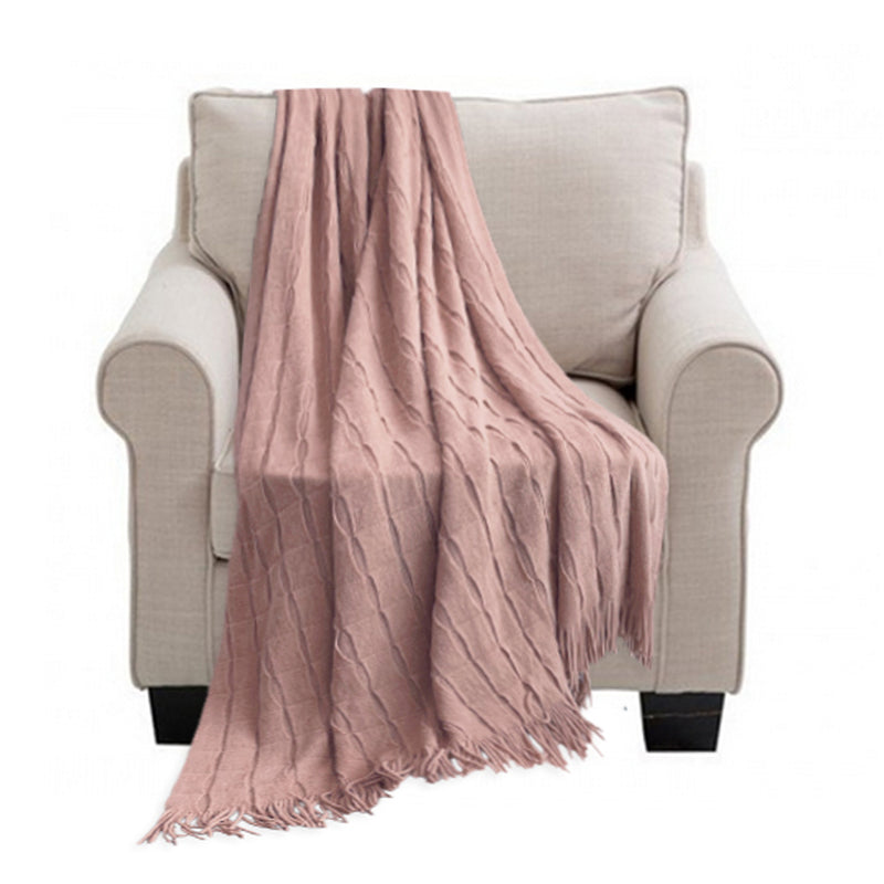 Pink Textured Knitted Throw Blanket Acrylic 130x170cm Cozy Fringes Home Decor