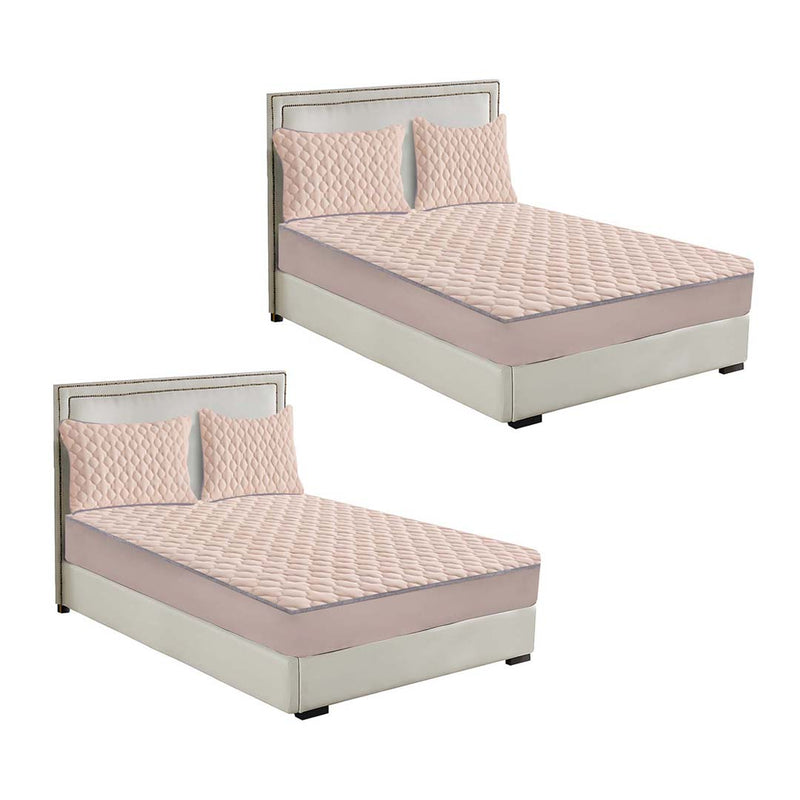 2X Beige Polyester Mattress Cover 203x183x40cm Quilted Fleece Stretch Fit