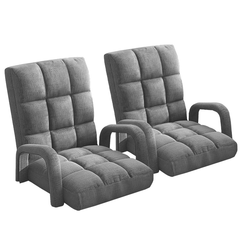 2X Foldable Adjustable Lounge Chair Floor Recliner Armrest Grey Linen Fabric