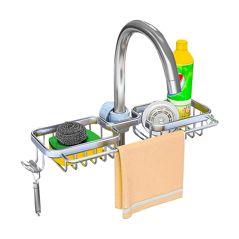 Kitchen Sink Faucet Caddy With Towel Bar Aluminum 37.5x16x6.8cm Silver
